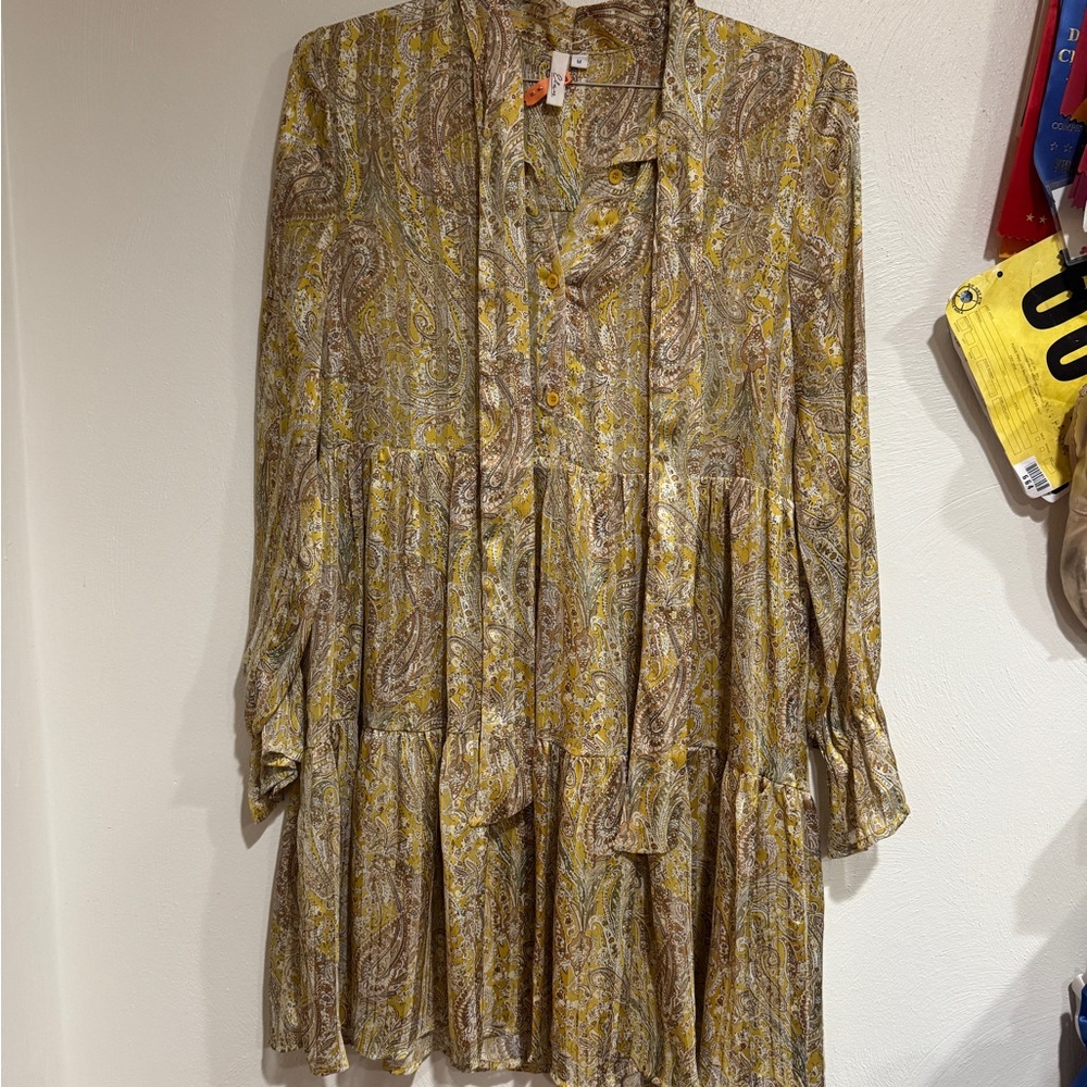 Boutique Paisley Tiered Button-Front Dress in Mustard, Gold and Cream